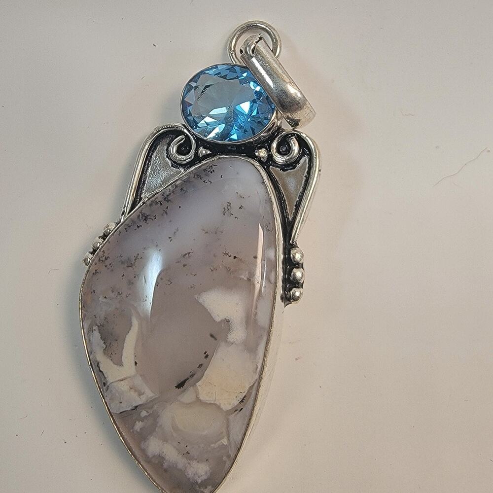Handmade Sterling Silver Necklace Pendants Dendritic Agate and Blue Topaz Gems